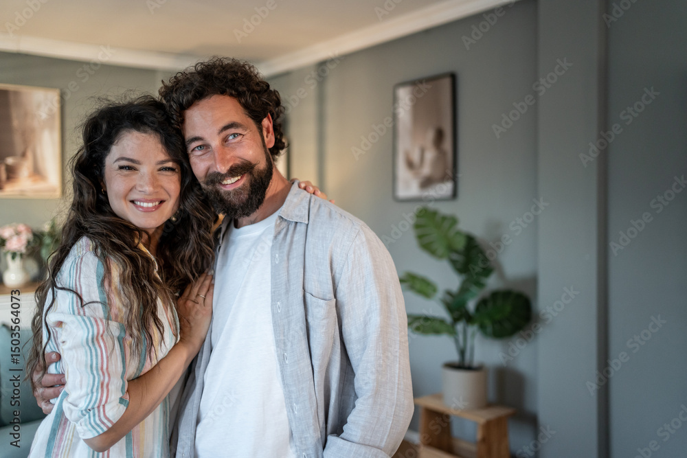 Happy couple embracing at home, enjoying a quiet moment together Happy couple embracing at home, enjoying a quiet moment together