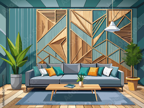 vector of Modern living room with a unique wooden wall design and a large gray sectional sofa
