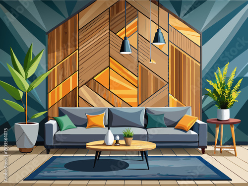 vector of Modern living room with a unique wooden wall design and a large gray sectional sofa