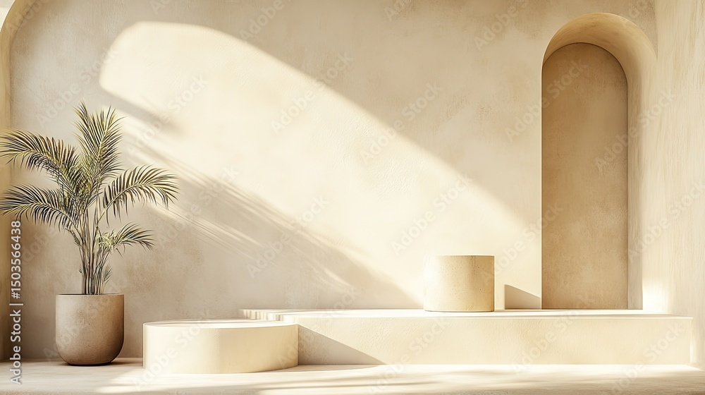 Fototapeta premium Beige interior scene with potted plant and display podium.