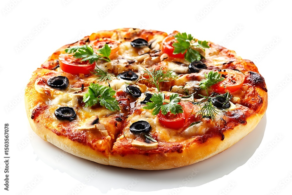 Delicious pizza topped with fresh tomato, olives, mushrooms, parsley, cheese, and herb on white Delicious pizza topped with fresh tomato, olives, mushrooms, parsley, cheese, and herb on white