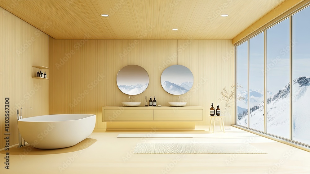 Fototapeta premium Modern beige bathroom with panoramic mountain view.