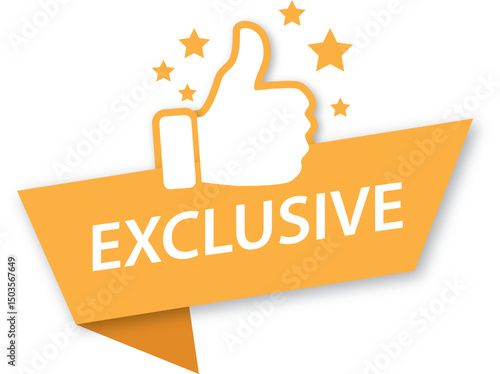orange label with a thumbs-up and star icon featuring the text exclusive
