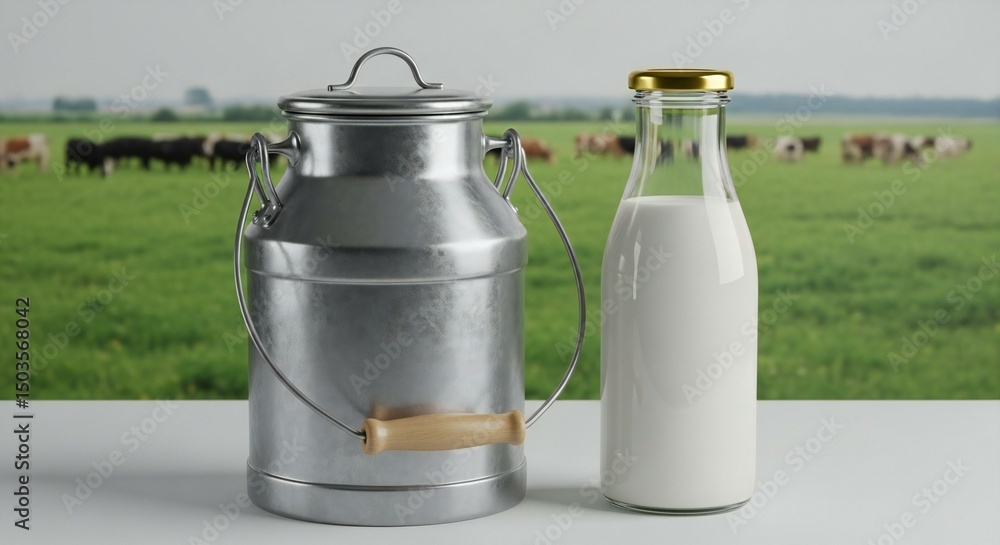 Metal milk can and glass milk bottle on a table. Metal milk can and glass milk bottle on a table.