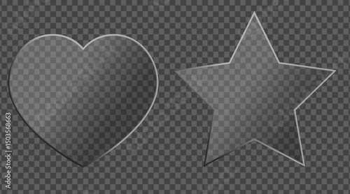 Heart and star shaped glass panels, glossy and polished with realistic lighting effects, isolated on a transparent background, suitable for display cases and signs. vector eps 10