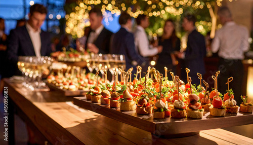 An elegant evening event features a beautifully arranged table of gourmet finger foods and cocktails, while well-dressed guests socialize under warm decorative lights in a festive atmosphere.