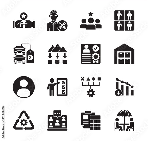 Business company Icon set. Management icon set. Contains symbol of teamwork, data, asset, stock, resource, employee, businessman, target, finance, holiday, meeting, progress. Vector illustration
