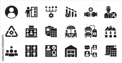 Business company and Management icon set. Contains symbol of teamwork, target, market, global, success, customer service, leadership, holiday, asset, meeting, entrepreneur. Vector illustration
