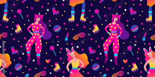 Whimsical  Girl In Pajama Or Costume With Rollers Makeup And Party Elements Seamless 80s Vector Pattern