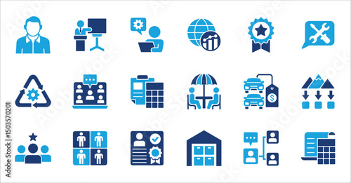 Business company and Management icon set. Contains symbol of teamwork, target, market, global, success, customer service, leadership, holiday, asset, meeting, entrepreneur. Vector illustration