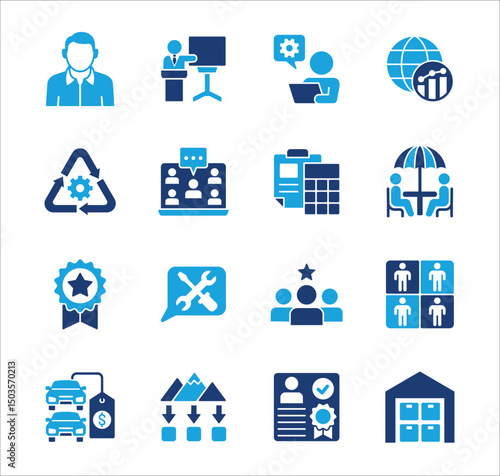Business company Icon set. Management icon set. Contains symbol of teamwork, data, asset, stock, resource, employee, businessman, target, finance, holiday, meeting, progress. Vector illustration