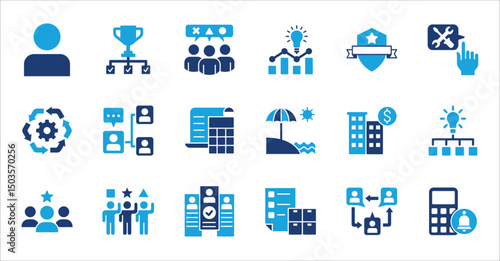 Business company and Management icon set. Contains symbol of teamwork, target, market, global, success, customer service, leadership, holiday, asset, meeting, entrepreneur. Vector illustration