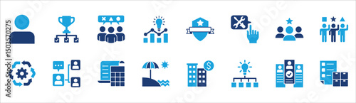 Business and management icon set. Contains symbol of businessman, target, leadership, progress, holiday, data, stock, market, accounting, training, resource, finance, service. Vector illustration
