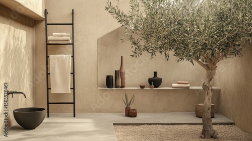 Beige tones fill a contemporary bathroom with an outdoor feel.