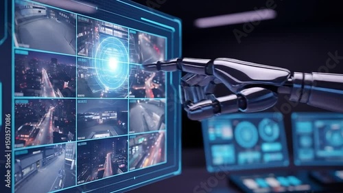 Robot Hand Touching a Surveillance Monitor Interface in Dark Setting