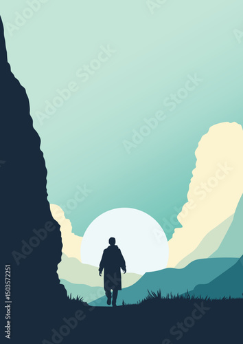Man, Sky, Road, Walk, Tree, Water, Rock, Mountain, Sun, Sunset, Moon, Green, Artwork, Vector