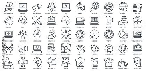 Tech Support icon set. Containing information, technical support, email, help, assistance, solution, technology. Outline style