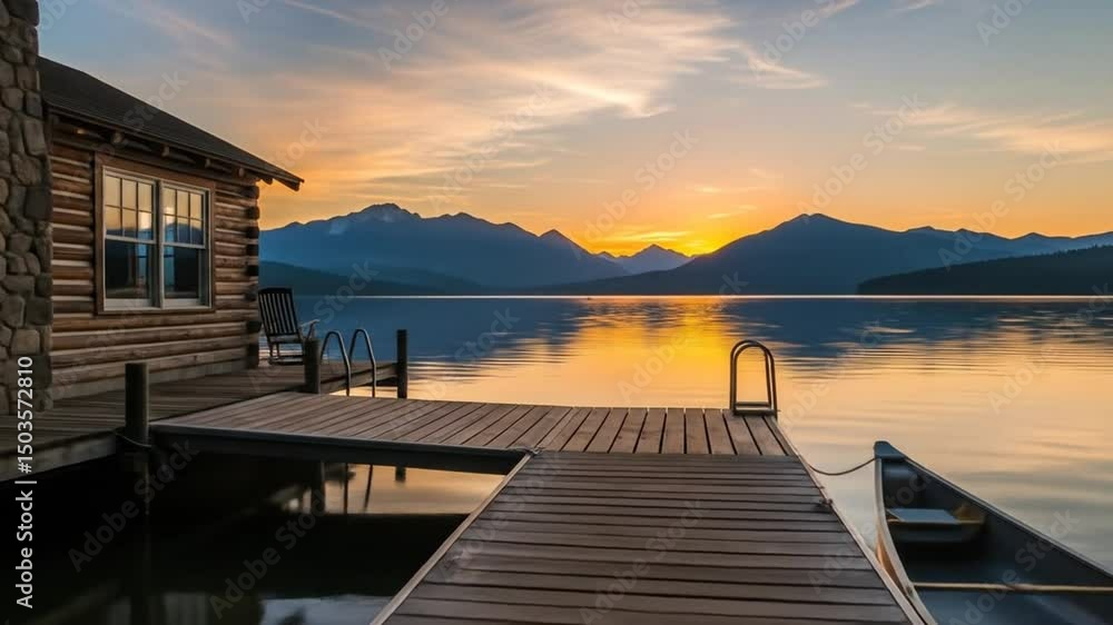 Cabin on Lake at Sunset Scenic Mountain View Calm Water Cabin on Lake at Sunset Scenic Mountain View Calm Water