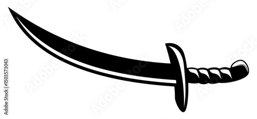 Vector Illustration of Single Black Saber Silhouette, Curved Medieval or Pirate Sword Icon Isolated on White Background, Perfect for Game or Story Elements	