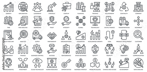 Business Development icon set. Containing growth, exploration, leadership, strategic, planning, training. Outline style