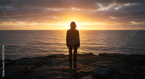  Person looking at the sea in silence at sunset