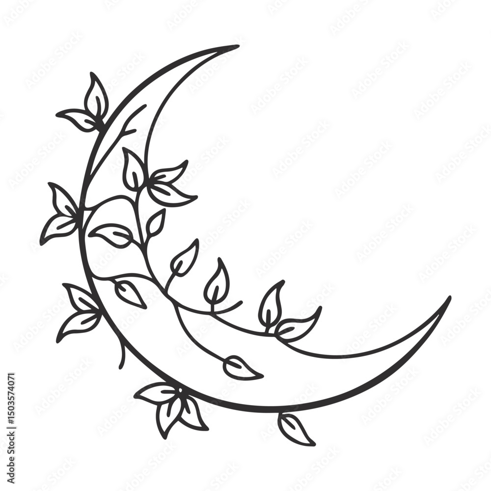 Minimalist Black and White Crescent Moon with Floral Outline Vector Minimalist Black and White Crescent Moon with Floral Outline Vector