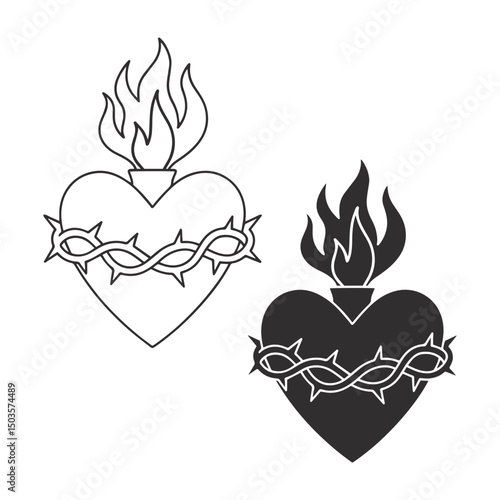 Black and White Silhouette of Flaming Sacred Heart with Thorns
