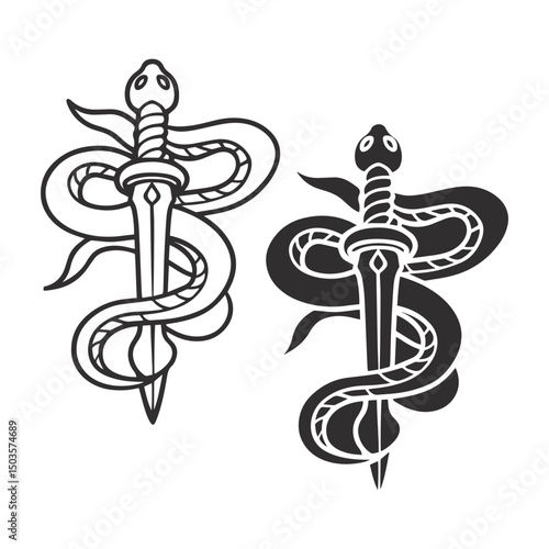 Minimalist Black and White Serpentine Knife and Sword Tribal Tattoo