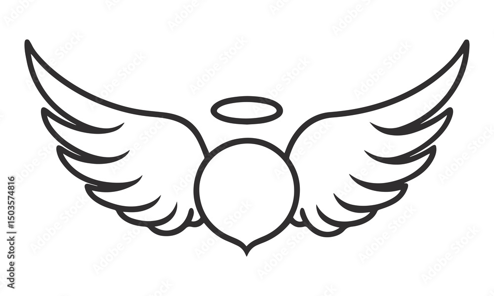 Obraz premium Minimalist Black and White Angel Wings with Halo Illustration