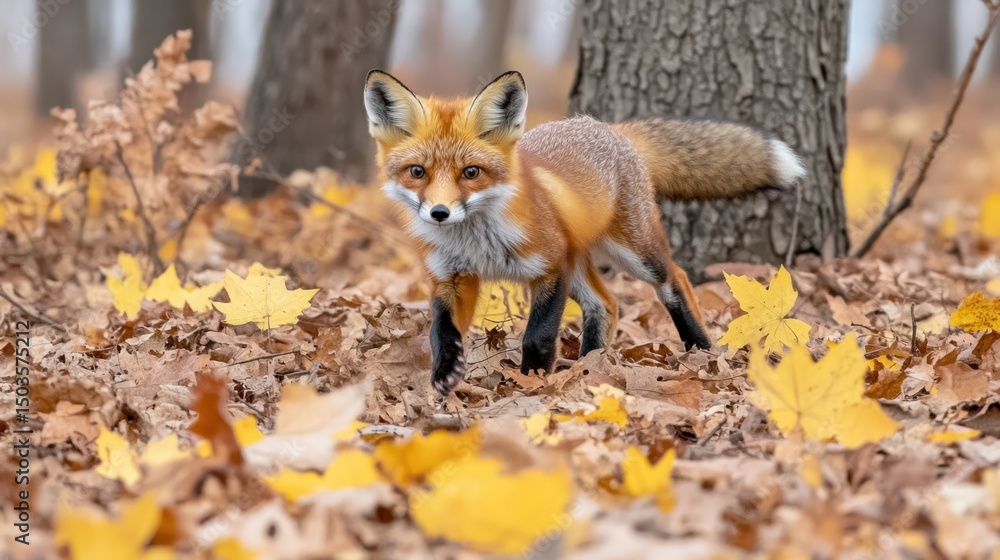 Fototapeta premium Red Fox Posing in Autumn Leaves