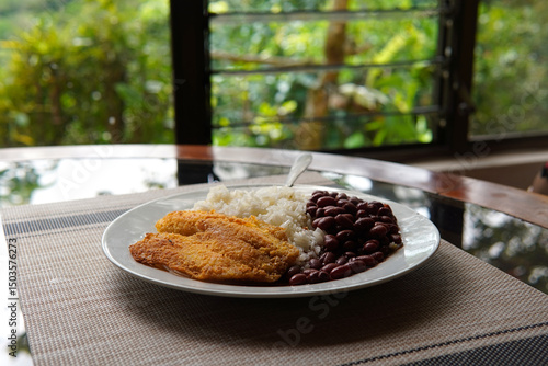 Rice and beans accompanied by a breaded tilapia fillet. Healthy Costa Rican lunch.