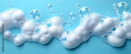 Whitish soap suds with clear bubbles on a light blue background.