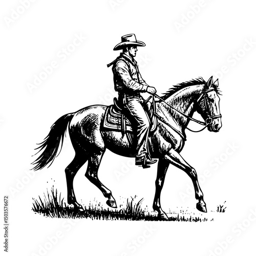 cowboy riding horse sketch engraving black and white outline. Scratch board imitation.