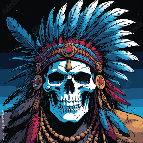 indian warrior skull vector art comic style