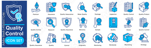 Quality Control Vector Icons Collection related to Premium, Assurance, Quality Assurance, Water Quality, Package, Inspection.