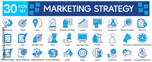 Marketing Strategy Icons Collection related to Marketing, Strategy, Business, Plan, Target, Idea, Growth, Analysis, Planning, Goal, Trade, Pricing, User, Advertising, Branding.