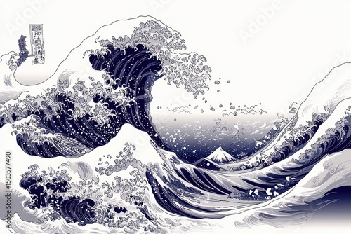 Powerful, stylized depiction of crashing waves.