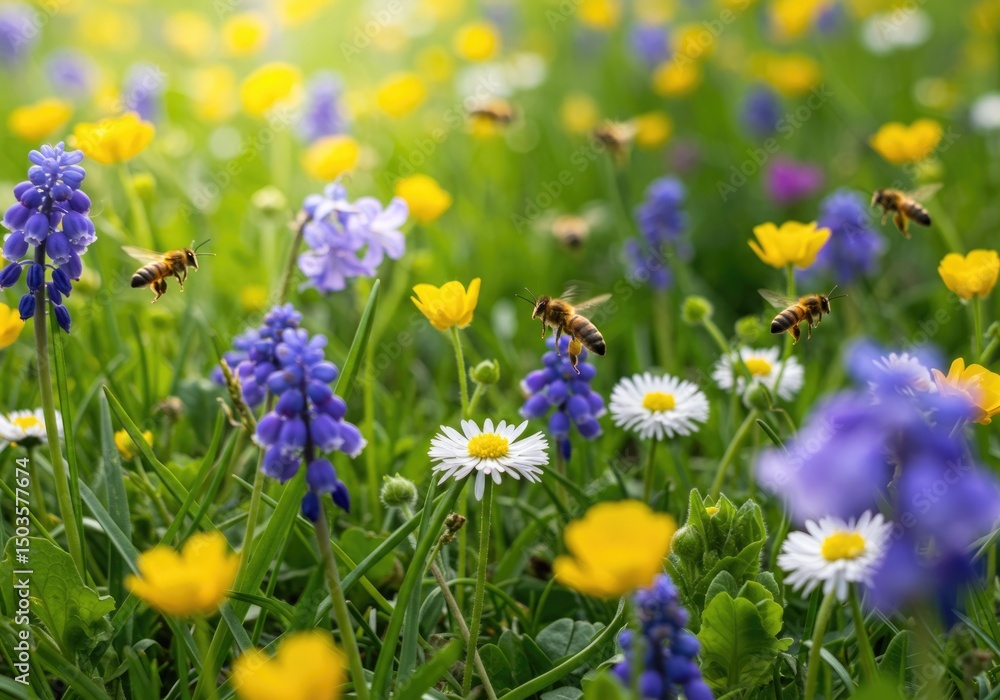 Fototapeta premium Bees pollinating vibrant wildflowers in a sunny meadow 