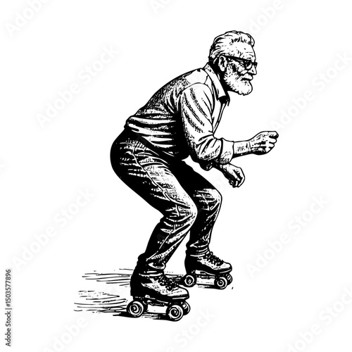 Grandfather playing roller skate sketch engraving black and white outline. Scratch board imitation.
