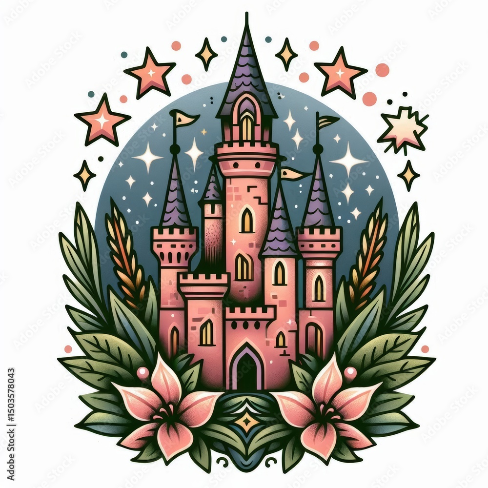 Enchanting fairytale fortress framed by stellar wonders and floral accents Enchanting fairytale fortress framed by stellar wonders and floral accents