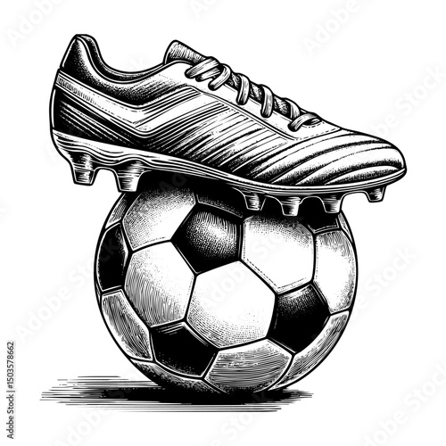 Soccer cleat on top of a soccer Ball sketch engraving black and white outline. Scratch board imitation. illustrated in vintage line art style on a white background.