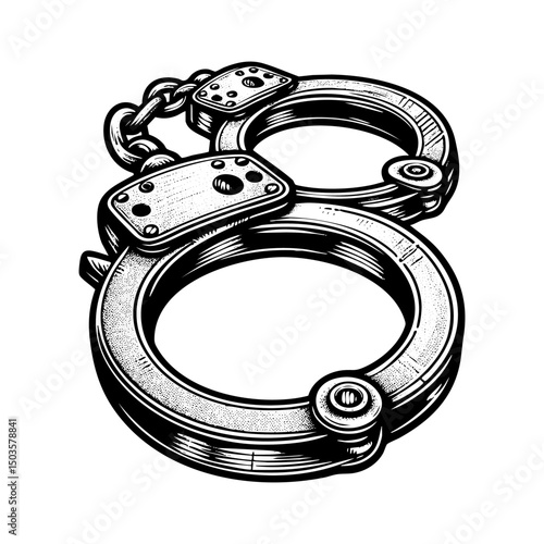 Handcuff engraving black and white outline. Scratch board imitation.  illustrated in vintage line art style on a white background.
