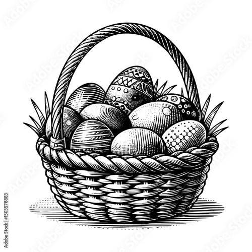 Easter egg on wooden basket sketch engraving black and white outline. Scratch board imitation.  illustrated in vintage line art style on a white background.