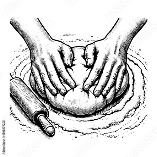 Making bread dough sketch engraving black and white outline. Scratch board imitation.  illustrated in vintage line art style on a white background.