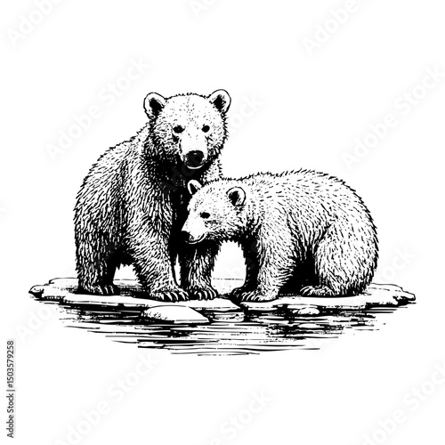 Polar bear on ice float engraving black and white outline. Scratch board imitation. illustrated in vintage line art style on a white background.