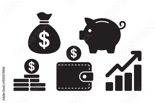 Vector set of money and business icons featuring banking, investment, and savings with piggy banks, coins, and cash