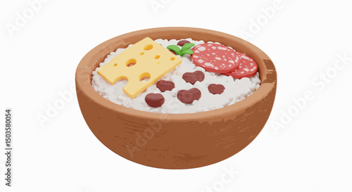 A whimsical 3D cartoon illustration of a Baião de Dois meal – rice and beans with cheese and dried meat – presented in a rustic wooden bowl over a white backdrop. Vector.