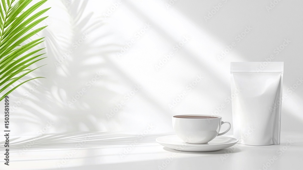 White Coffee Cup and Sugar Packet Mockup on White Table with Sunlight and Palm Leaf Shadow White Coffee Cup and Sugar Packet Mockup on White Table with Sunlight and Palm Leaf Shadow
