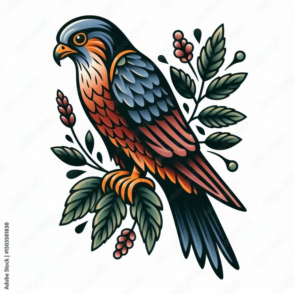 Fototapeta premium Vintage Inspired Falcon Tattoo Design with Botanical Elements Illustration