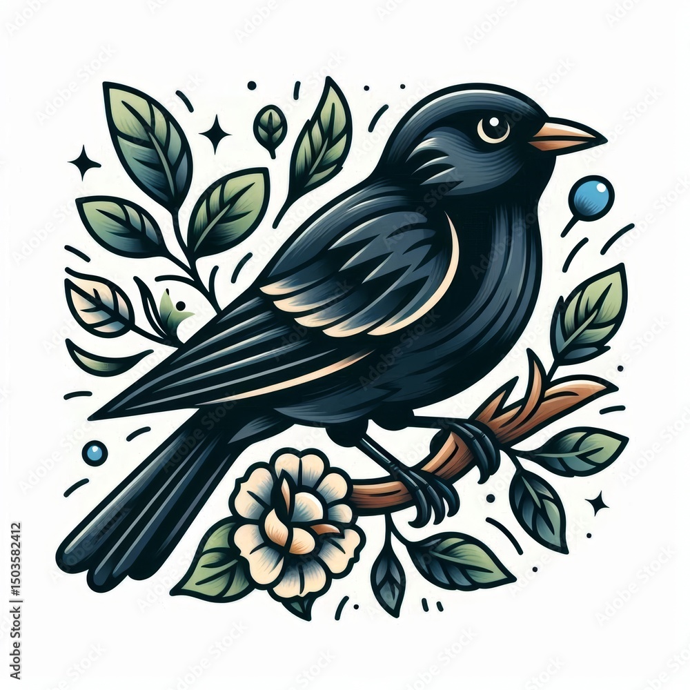Elegant Blackbird Tattoo Design with Floral and Botanical Elements Illustration Elegant Blackbird Tattoo Design with Floral and Botanical Elements Illustration